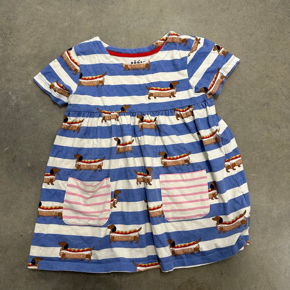 Mini Boden Hot Dog Dachshund Striped Pocket Dress Size 6-7Y Blue Pink